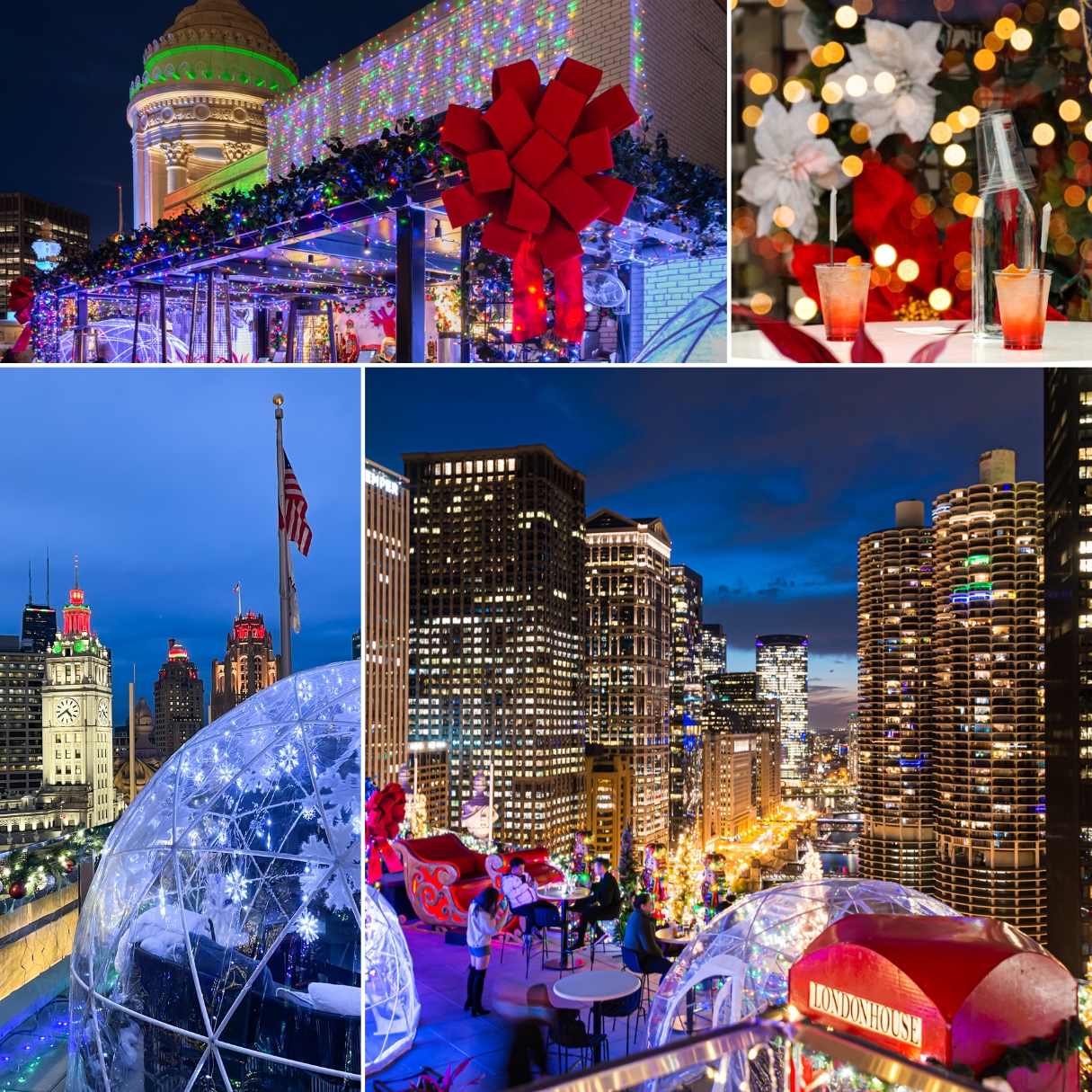 Rudolph's Rooftop decor and outdoor igloos at LH Rooftop at LondonHouse Chicago